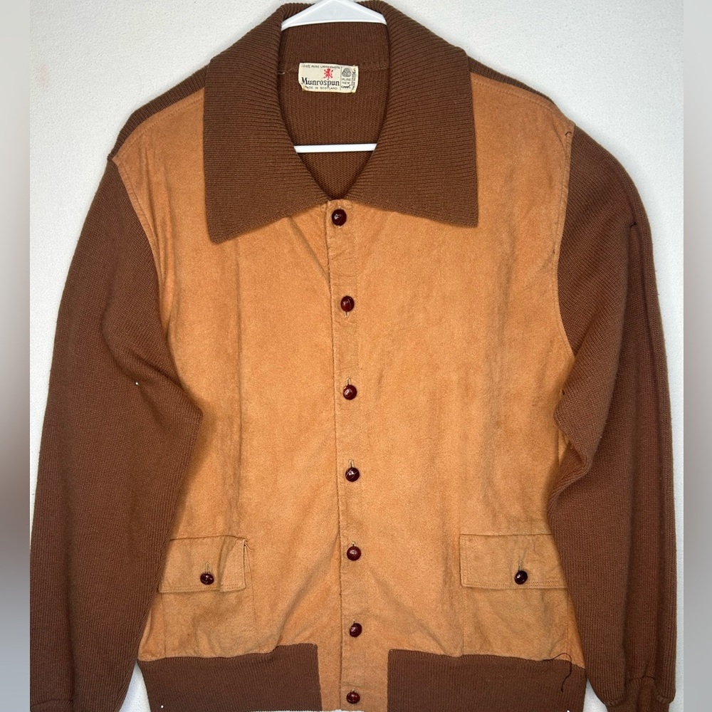 Vintage Munrospun men's wool and suede button-up grandpa cardigan size large-xl